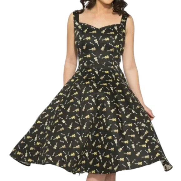Violin Print Swing Dress Size 14 Corset Lace Back Retro Rockabilly Cotton EUC - Picture 1 of 14